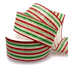 2 1/2" Wired Ribbon Christmas Red/Green/White Stripes Burlap