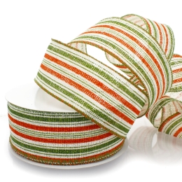 2 1/2" Wired Ribbon Fall Orange/Green/Cream Stripes Burlap