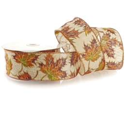 2 1/2" Wired Ribbon Fall Leaves on Natural Burlap