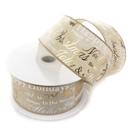 2 1/2" Wired Ribbon Christmas Glimmer Text Natural