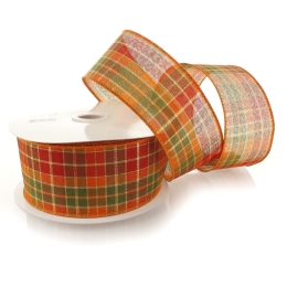 2 1/2" Wired Ribbon Fall Traditional Plaid Orange/Green