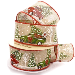 2 1/2" Wired Ribbon Christmas Red/Green Trucks on Burlap