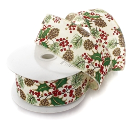 2 1/2" Wired Ribbon Ivy/Berries on Cream