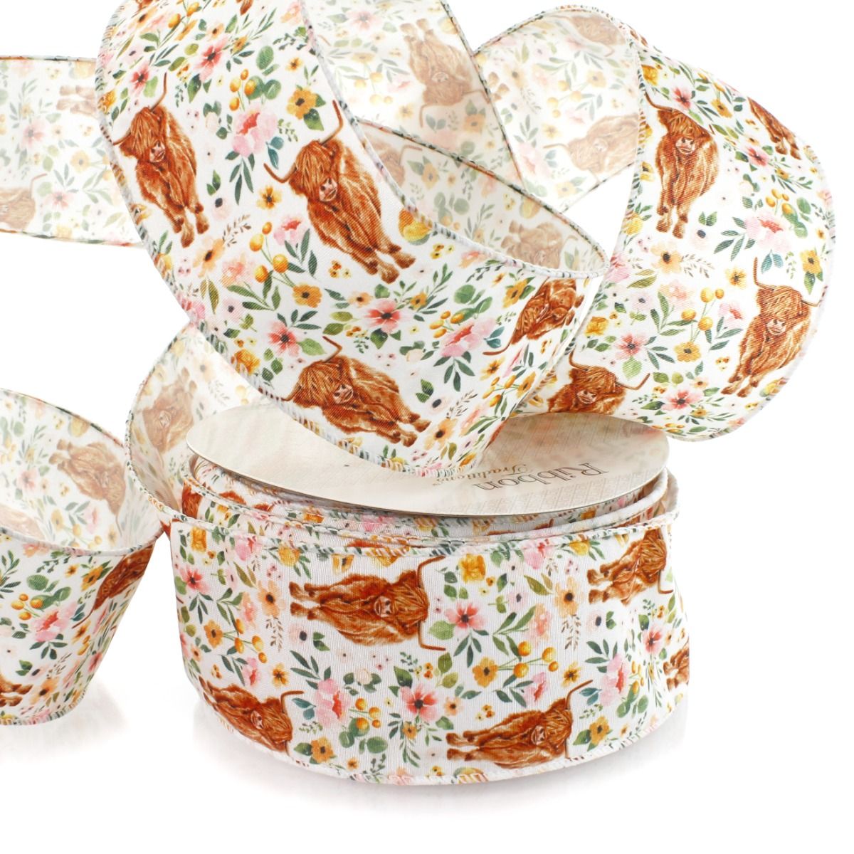 Ribbon Traditions Boho Floral Highlander Cows Wired Ribbon 2 1/2 inch by 10 Yards, Size: 10yds, Other